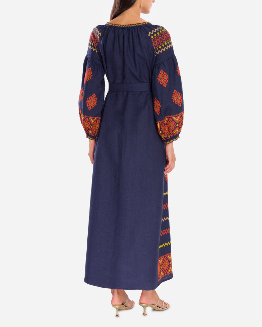 Rhapsody Blue Hand Embroidered Linen Maxi Dress | ZALXNDRA