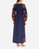 Rhapsody Blue Embroidered Linen Maxi Dress – Balloon Sleeves