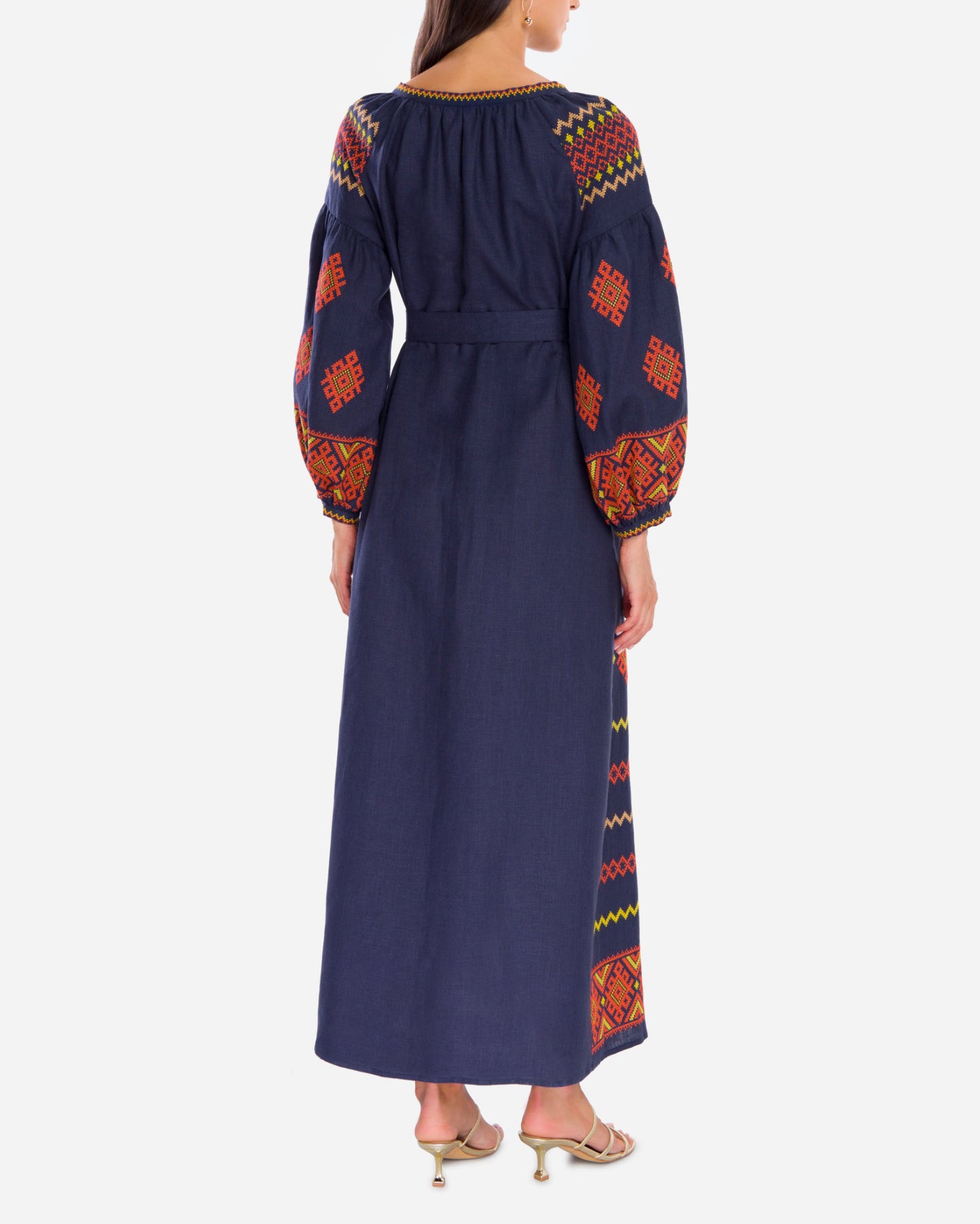 Rhapsody Blue Embroidered Linen Maxi Dress – Balloon Sleeves