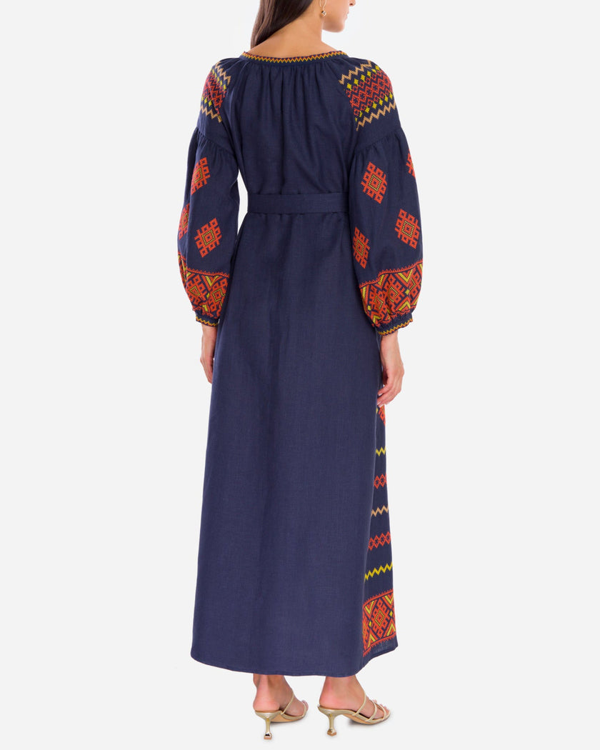 Navy Blue Orange Hand-Embroidered Cross-Stitch Linen Kaftan Maxi Dress