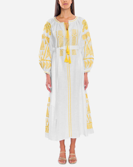 Robe longue blanche en lin brodé – Manches ballon | ZALXNDRA