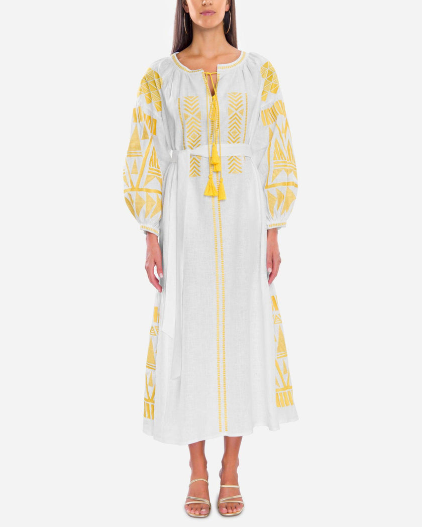 White Embroidered Linen Maxi Dress – Balloon Sleeves | ZALXNDRA