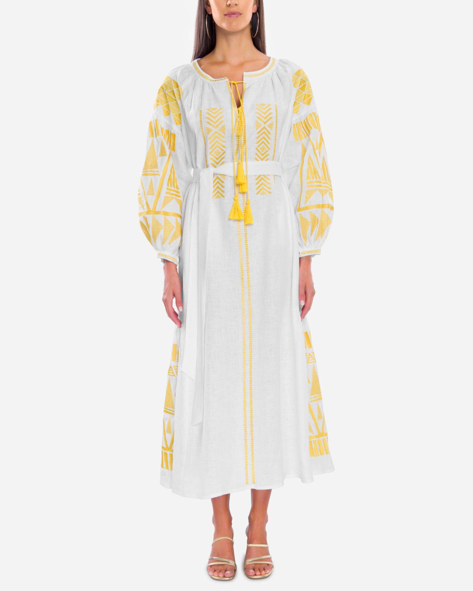 White Embroidered Linen Maxi Dress – Balloon Sleeves || ZALXNDRA