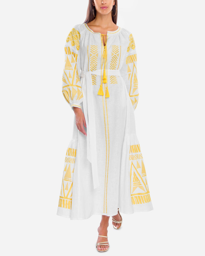 White Yellow Geometric Embroidered Linen Kaftan Maxi Dress