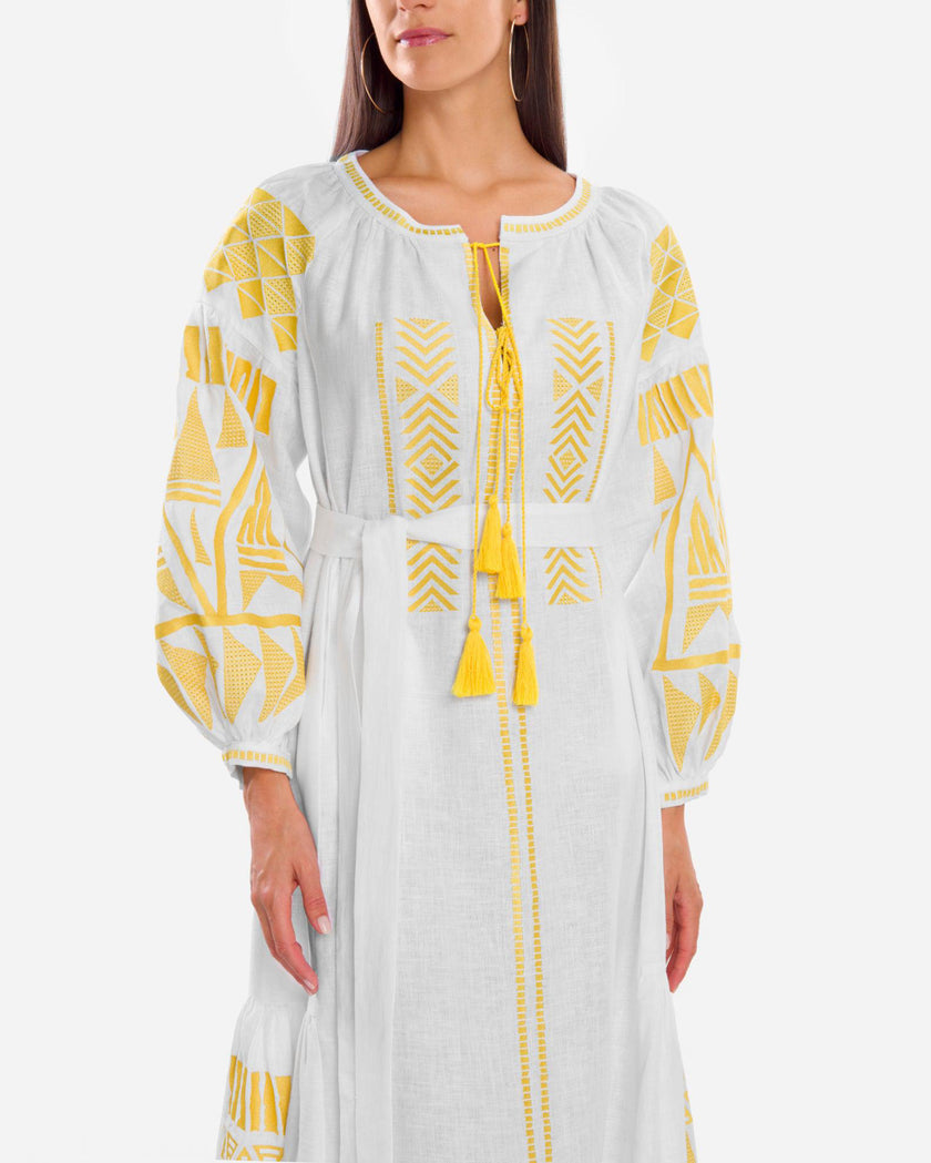 White Yellow Geometric Embroidered Linen Kaftan Maxi Dress
