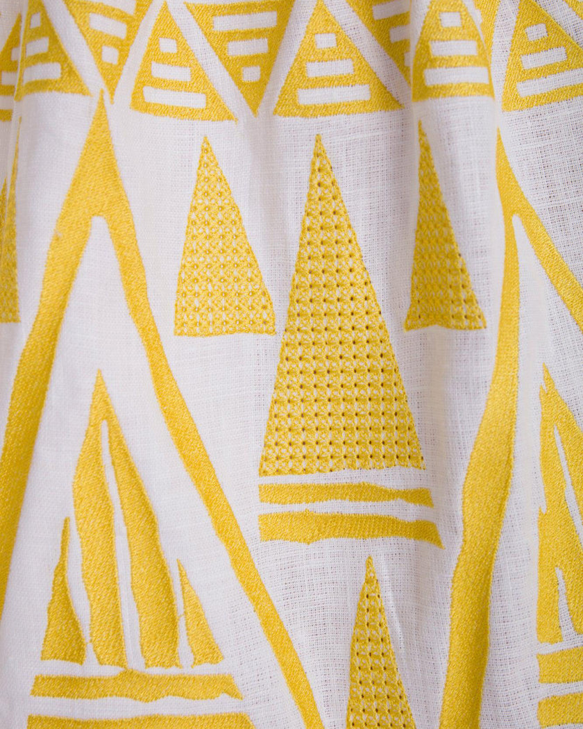 White Yellow Geometric Embroidered Linen Kaftan Maxi Dress