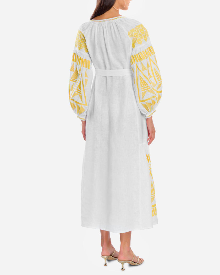 White Yellow Geometric Embroidered Linen Kaftan Maxi Dress