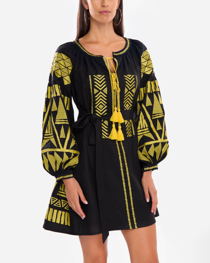 Black Embroidered Linen Mini Dress – Balloon Sleeves | ZALXNDRA
