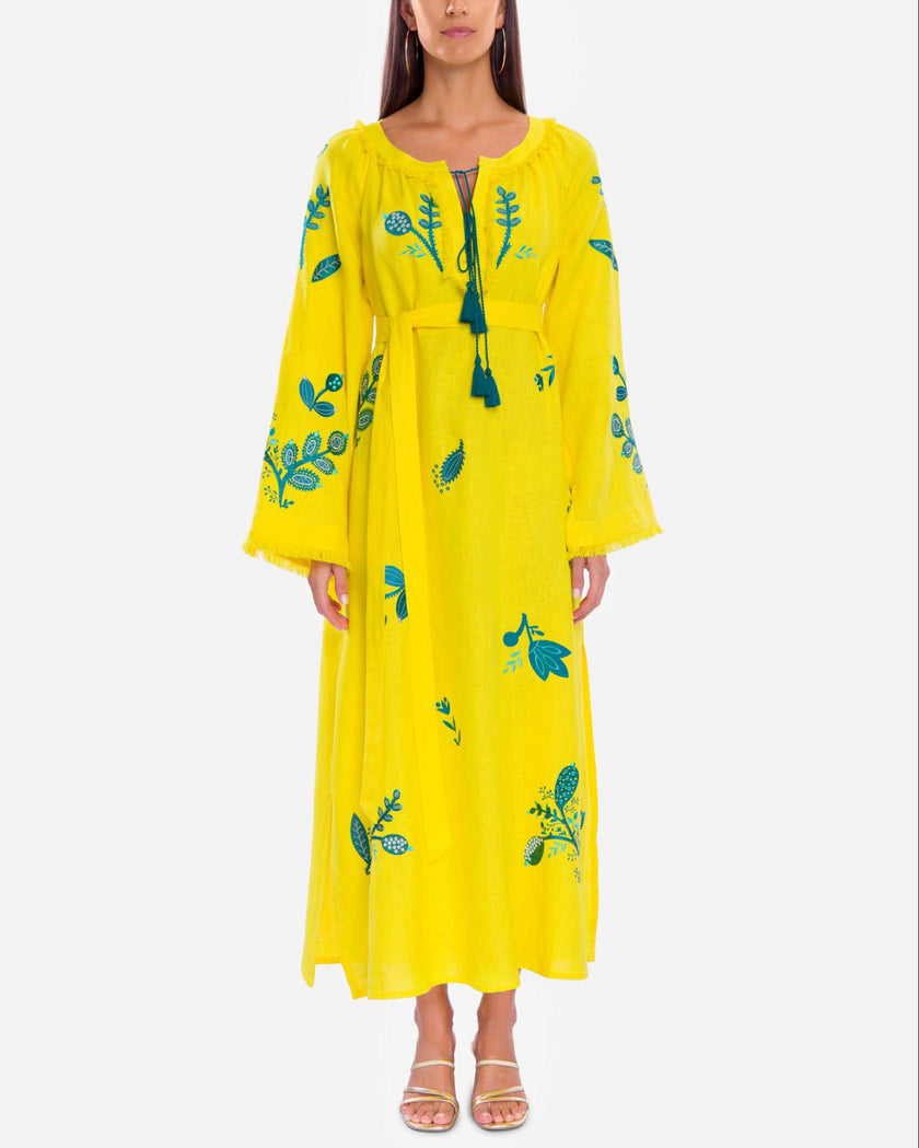 Lemon Yellow Teal Floral Embroidered Linen Kaftan Maxi Dress