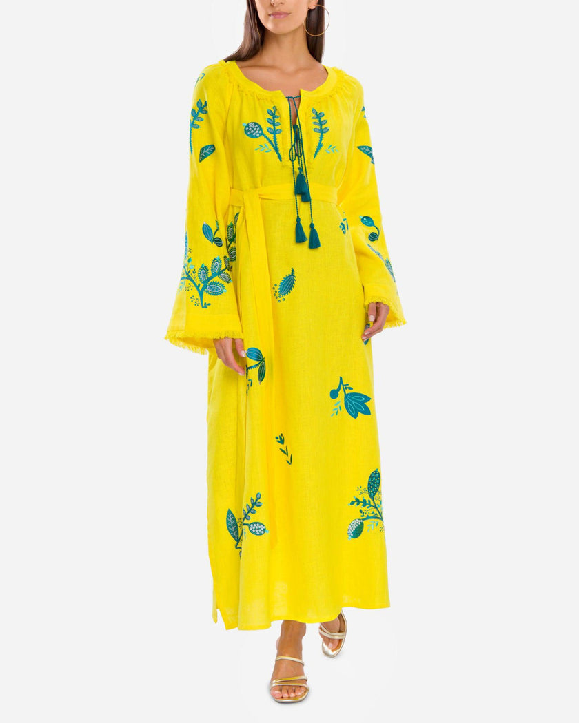 Lemon Yellow Embroidered Linen Maxi Dress | ZALXNDRA