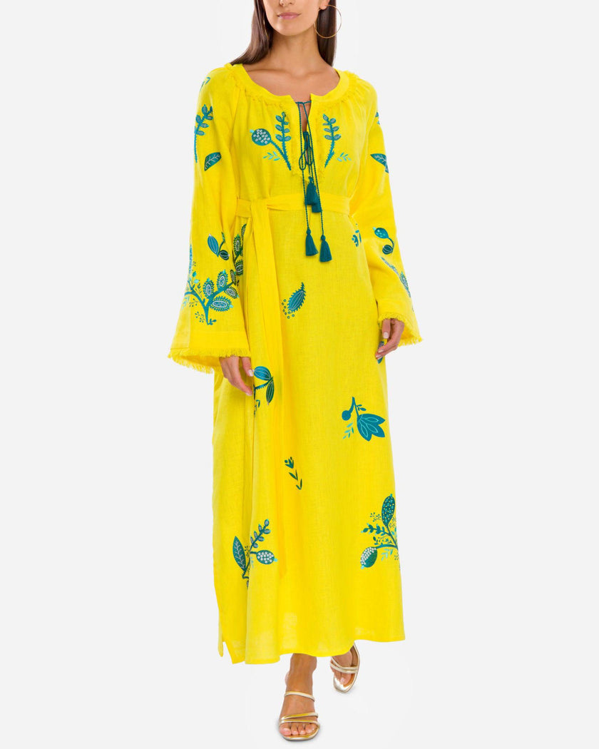 Lemon Yellow Teal Floral Embroidered Linen Kaftan Maxi Dress