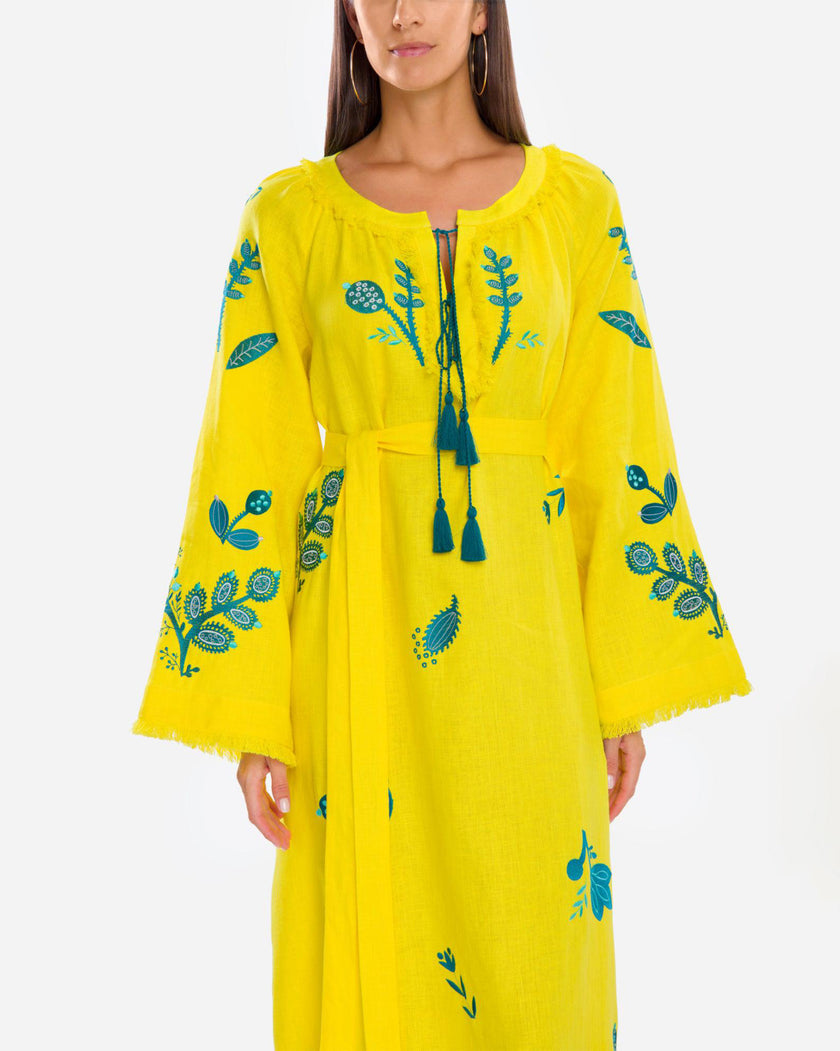 Lemon Yellow Teal Floral Embroidered Linen Kaftan Maxi Dress