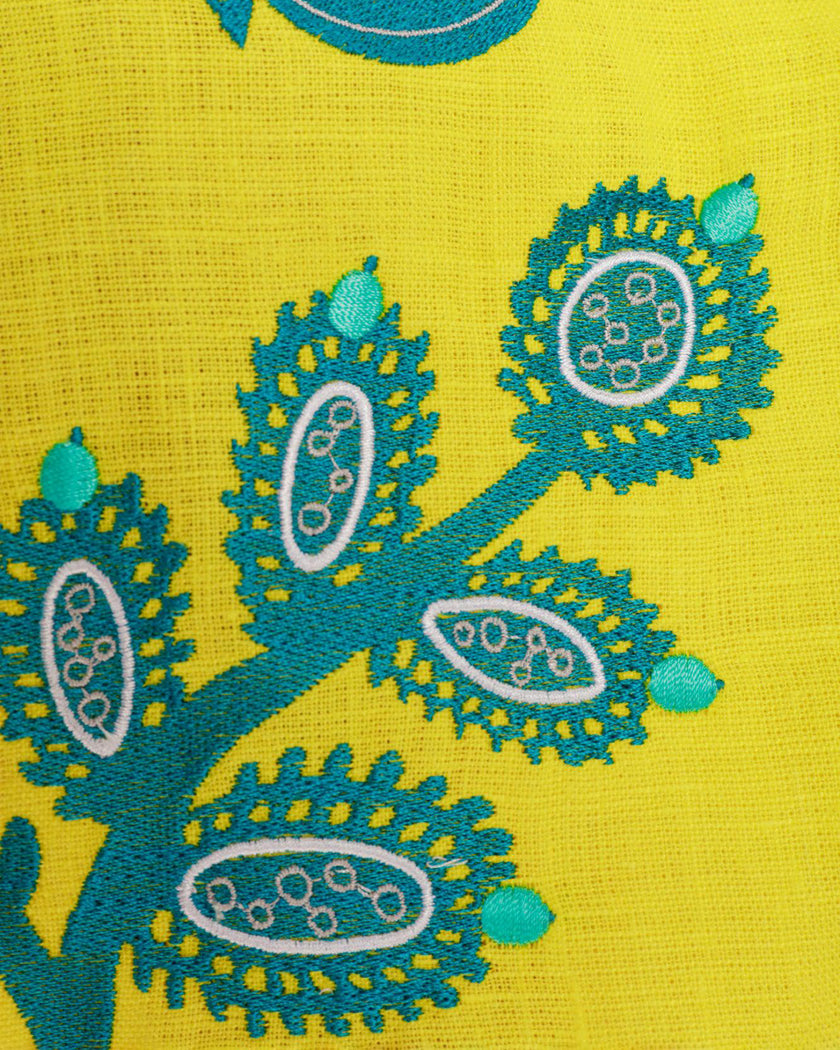 Lemon Yellow Teal Floral Embroidered Linen Kaftan Maxi Dress