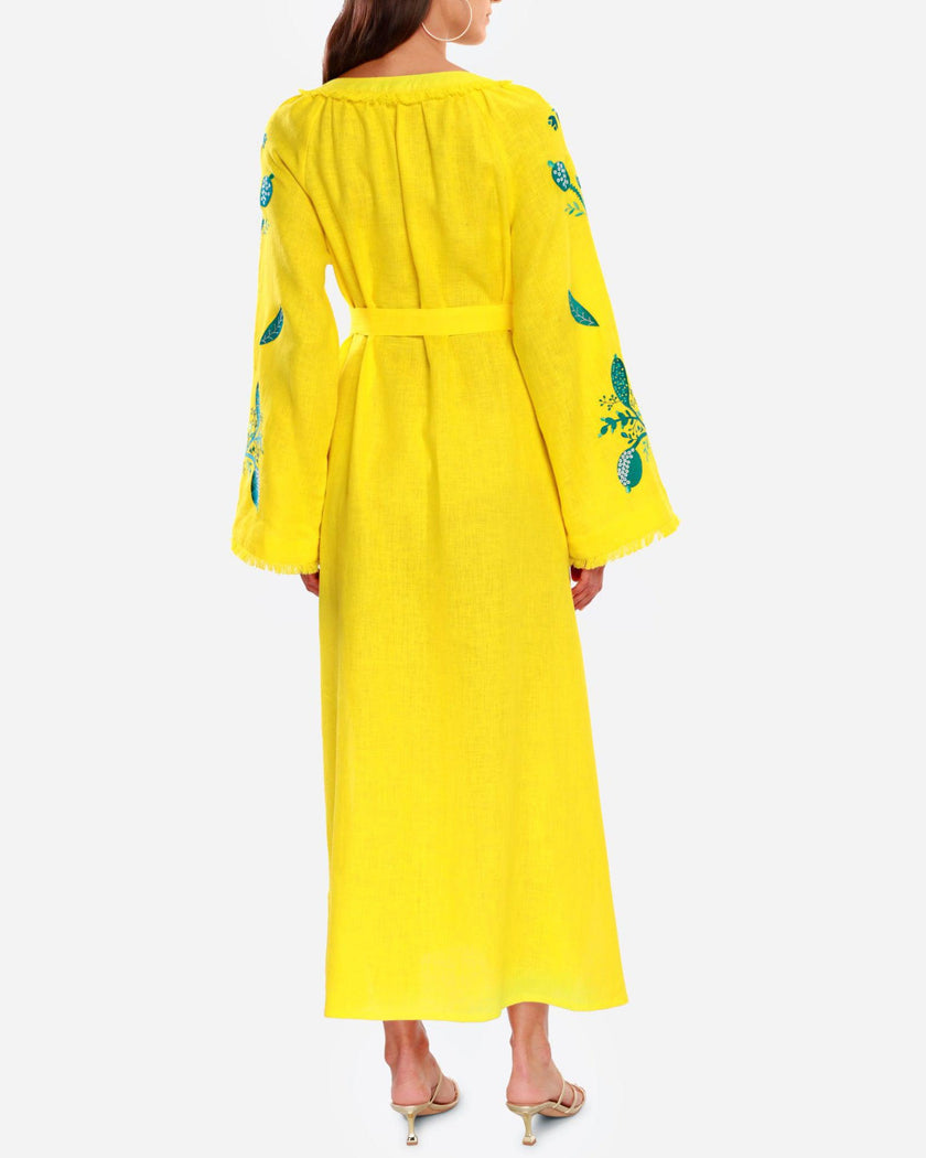 Lemon Yellow Teal Floral Embroidered Linen Kaftan Maxi Dress
