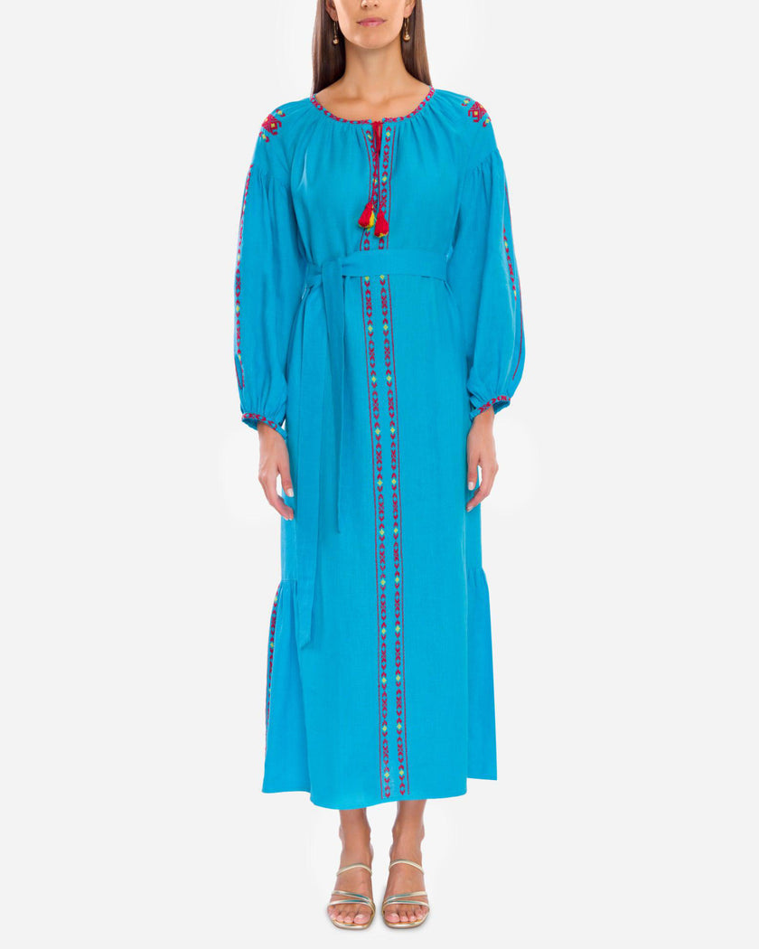 Turquoise Red Hand-Embroidered Cross-Stitch Linen Kaftan Maxi Dress