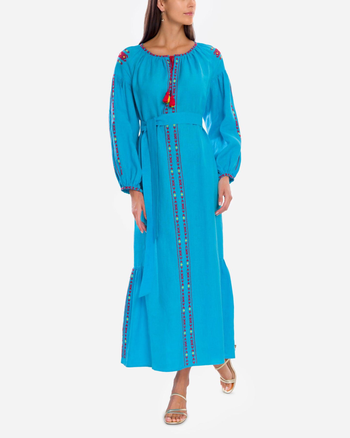 Turquoise Embroidered Linen Maxi Dress – Balloon Sleeves