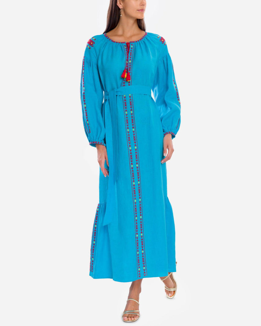 Turquoise Red Hand-Embroidered Cross-Stitch Linen Kaftan Maxi Dress