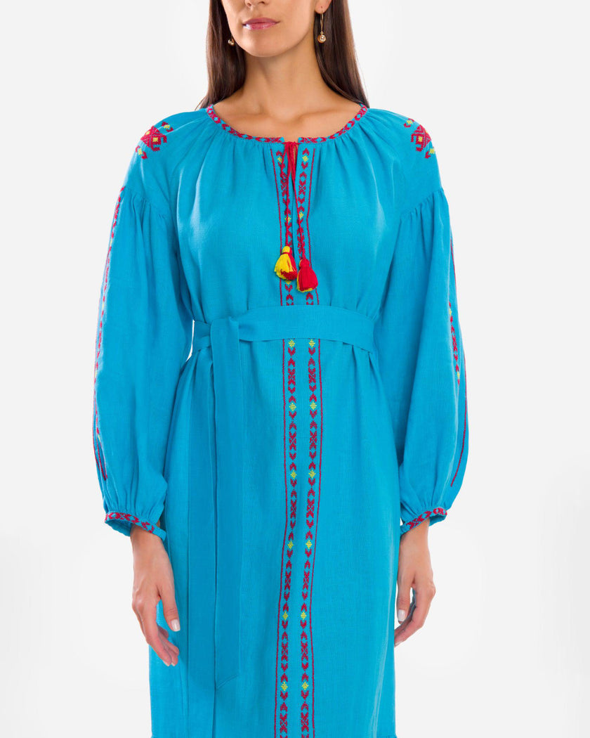 Turquoise Red Hand-Embroidered Cross-Stitch Linen Kaftan Maxi Dress