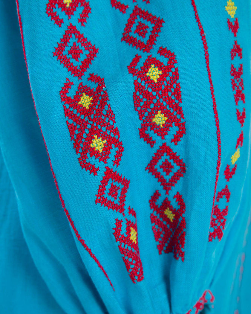 Turquoise Red Hand-Embroidered Cross-Stitch Linen Kaftan Maxi Dress