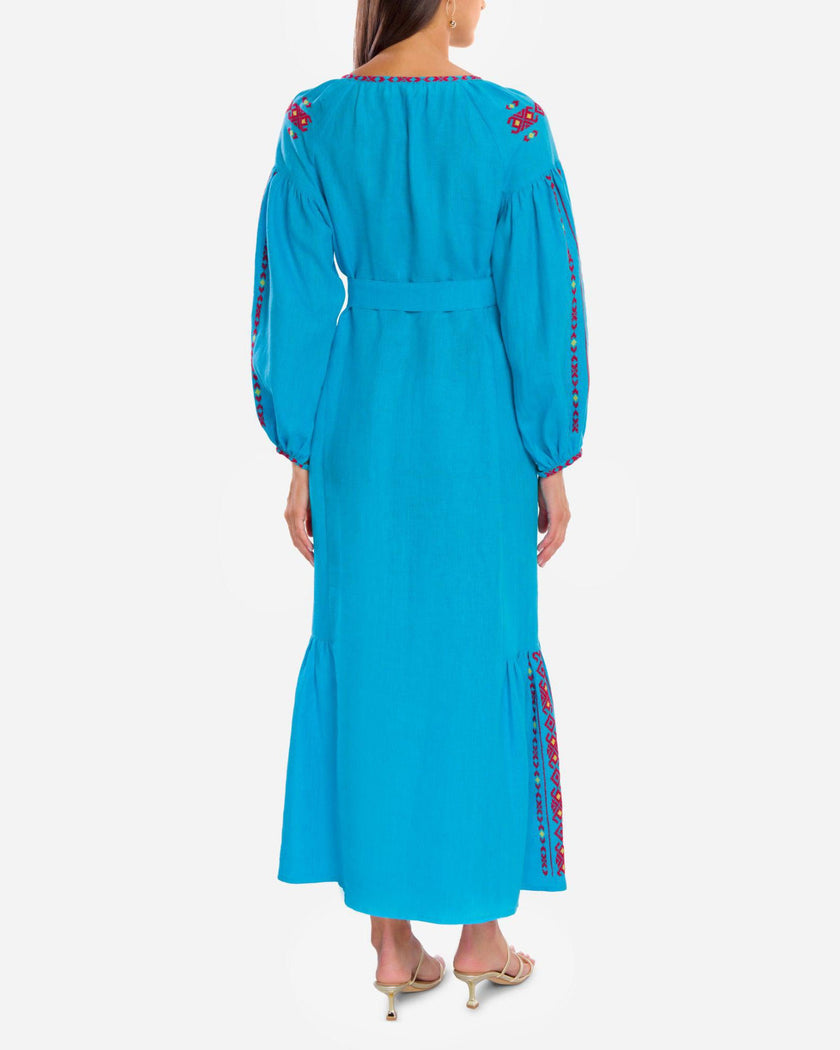 Turquoise Embroidered Linen Maxi Dress – Balloon Sleeves
