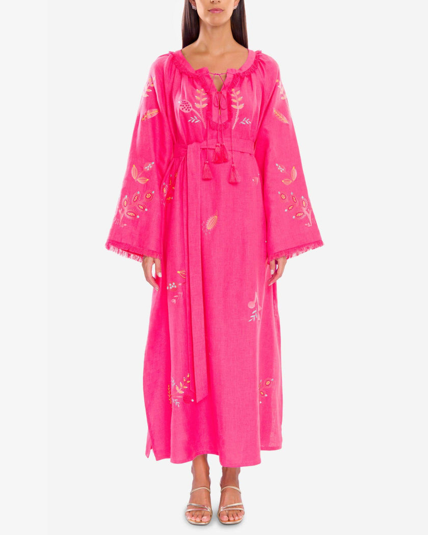 Fuchsia Floral Embroidered Angel Sleeve Linen Kaftan Maxi Dress