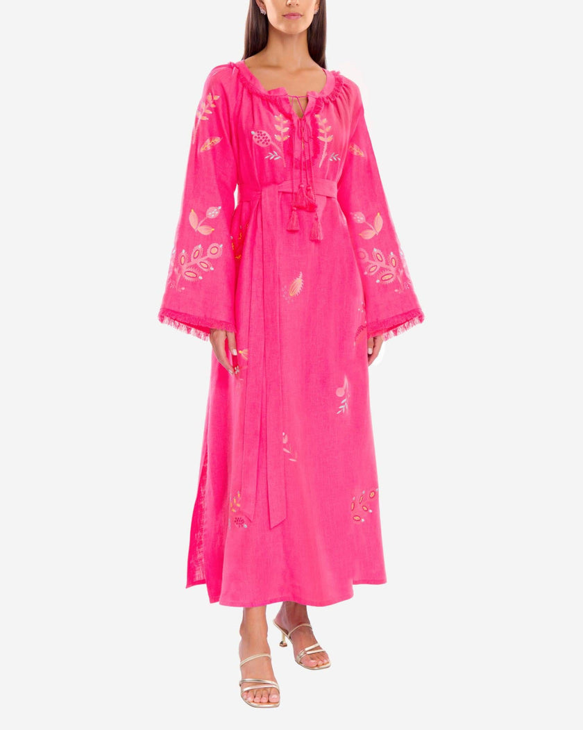 Fuchsia Embroidered Linen Maxi Dress | ZALXNDRA