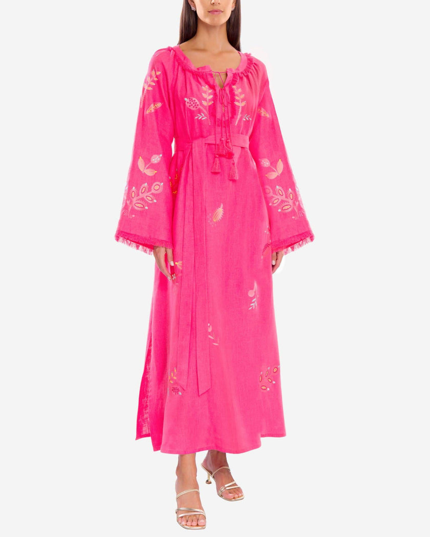 Fuchsia Floral Embroidered Angel Sleeve Linen Kaftan Maxi Dress