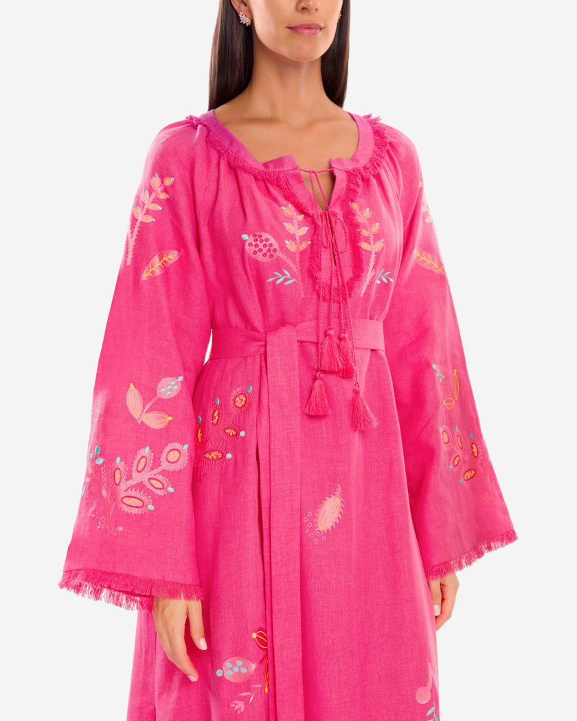 Fuchsia Floral Embroidered Angel Sleeve Linen Kaftan Maxi Dress