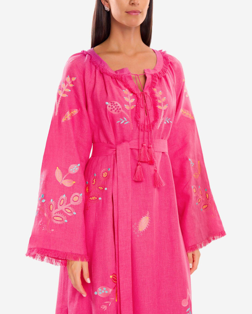 Fuchsia Embroidered Linen Maxi Dress | ZALXNDRA