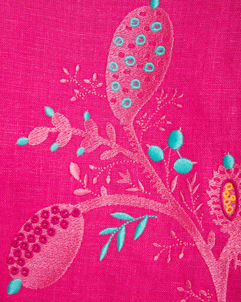 Fuchsia Floral Embroidered Angel Sleeve Linen Kaftan Maxi Dress