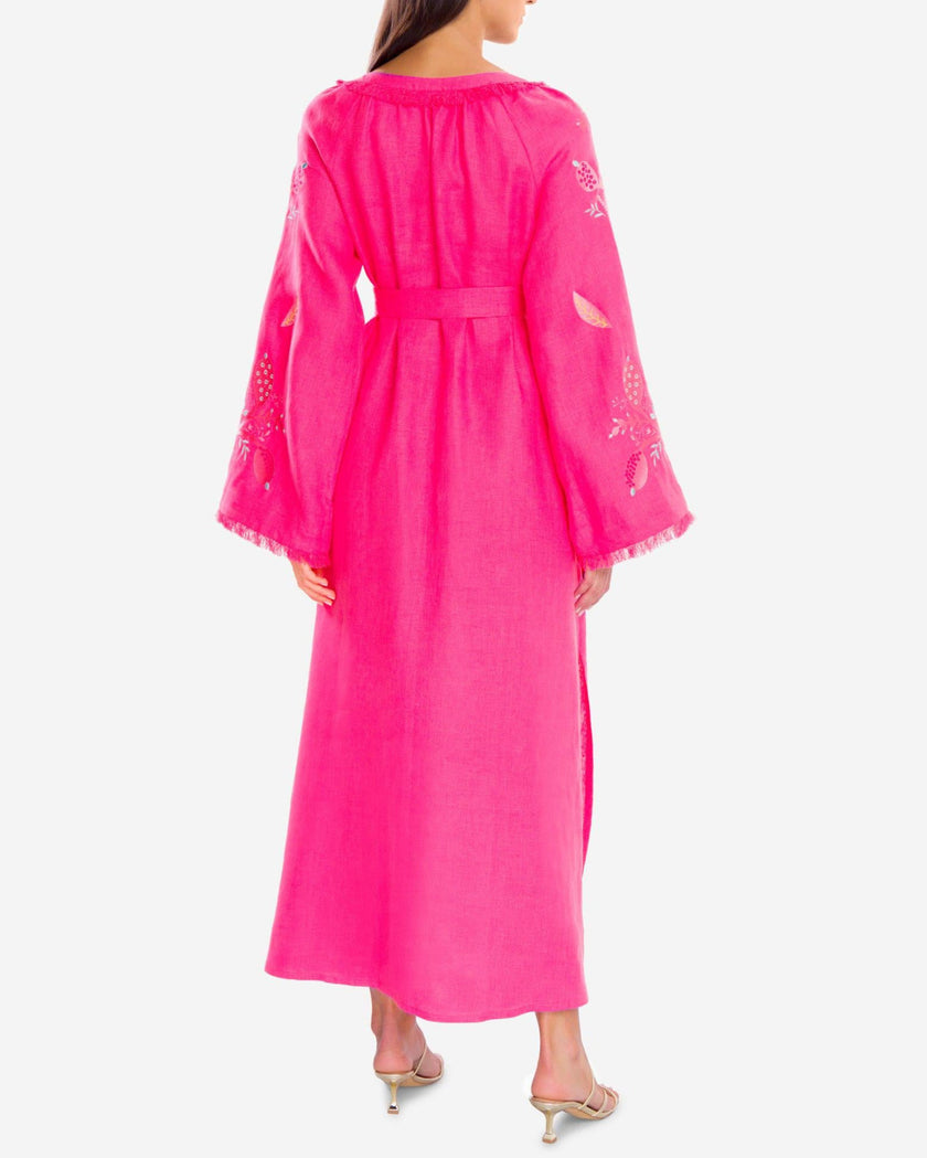 Fuchsia Floral Embroidered Angel Sleeve Linen Kaftan Maxi Dress