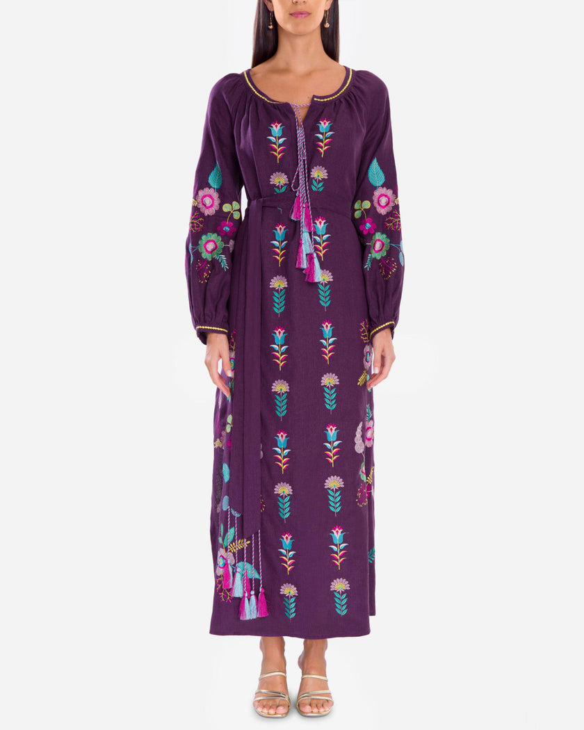 Plum Purple Multi-Color Floral Embroidered Linen Kaftan Maxi Dress