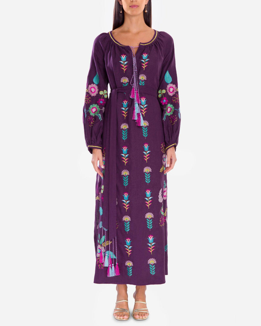 Plum Purple Embroidered Linen Maxi Dress | ZALXNDRA