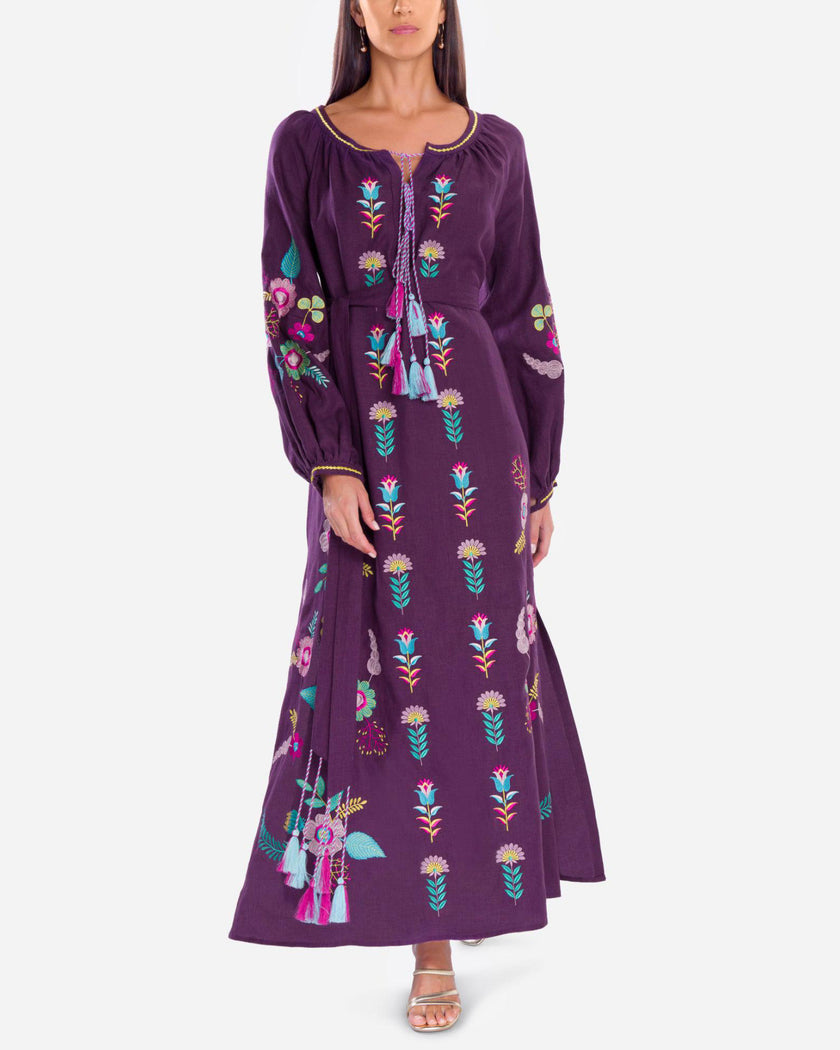 Plum Purple Multi-Color Floral Embroidered Linen Kaftan Maxi Dress