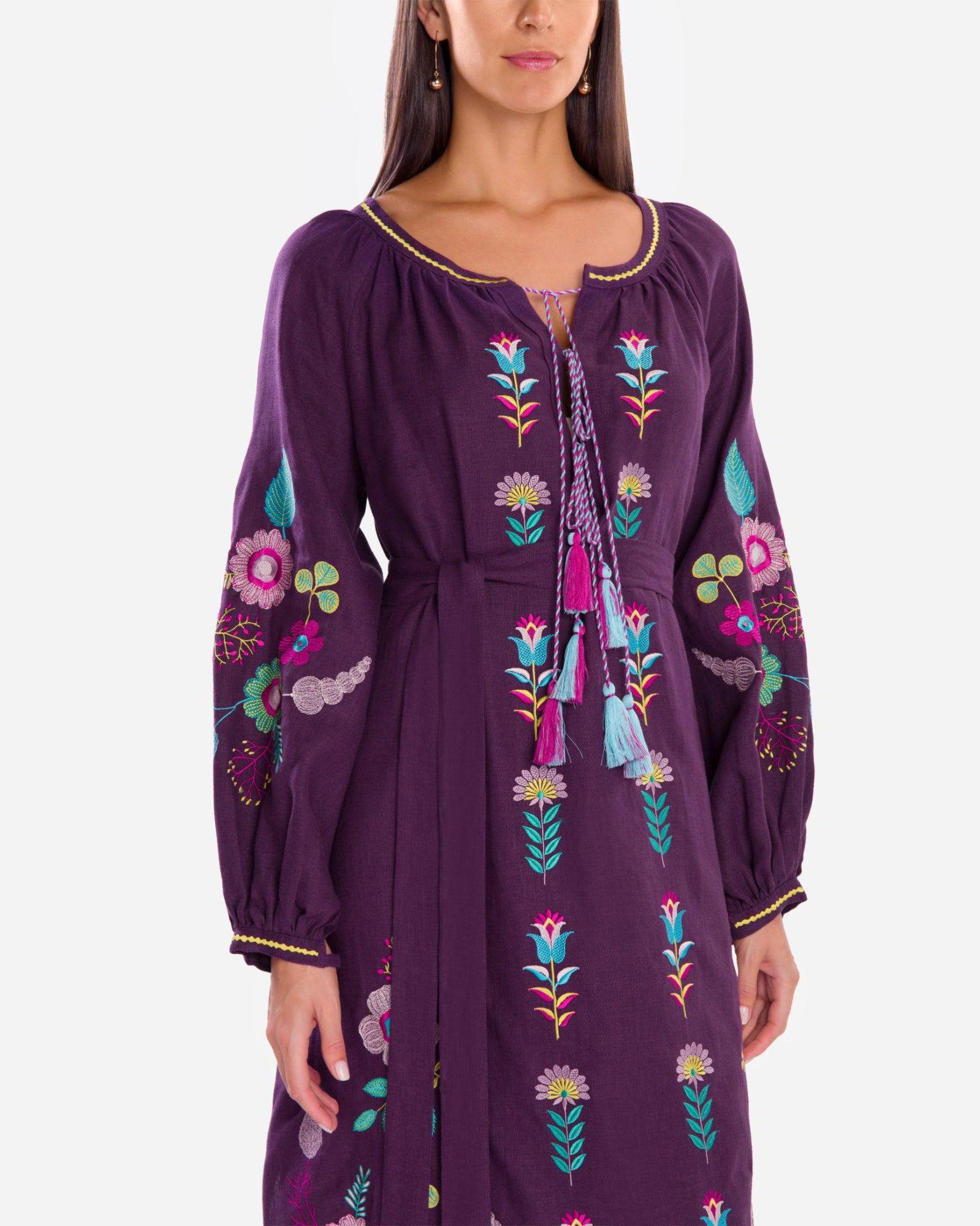Plum Purple Embroidered Linen Maxi Dress – Balloon Sleeves