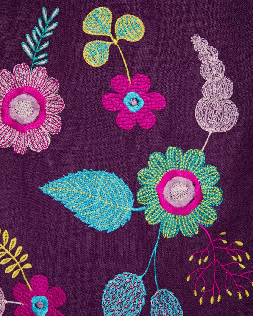 Plum Purple Multi-Color Floral Embroidered Linen Kaftan Maxi Dress