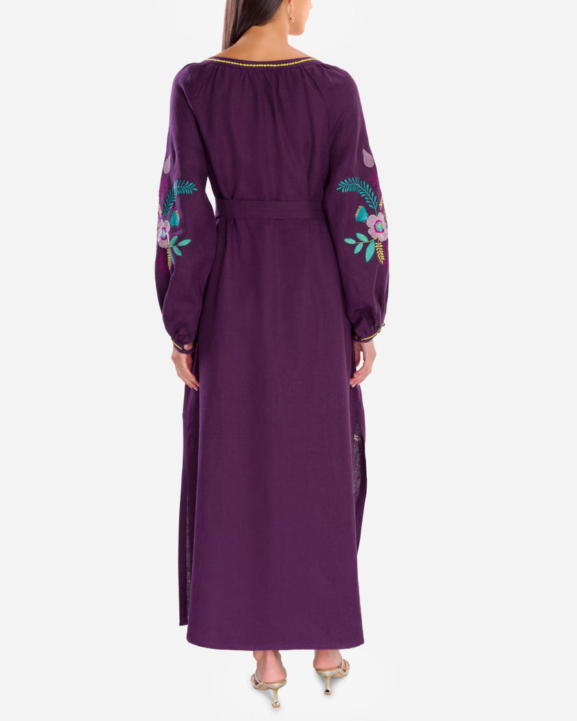 Plum Purple Multi-Color Floral Embroidered Linen Kaftan Maxi Dress