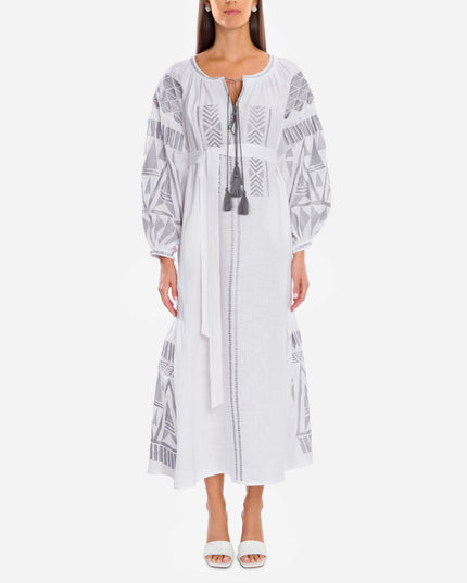 White Embroidered Linen Maxi Dress – Balloon Sleeves || ZALXNDRA
