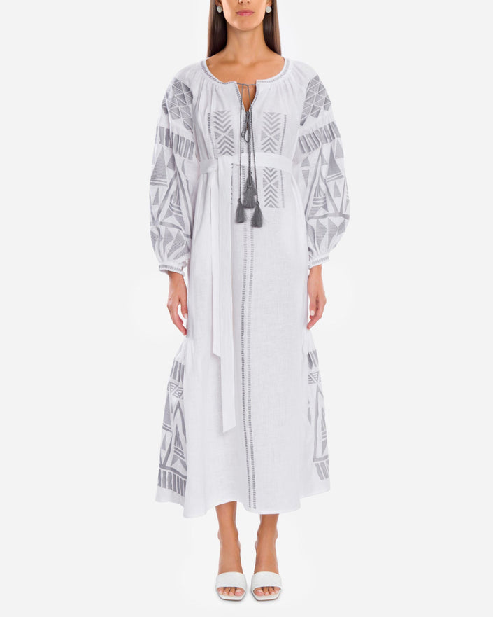 White Embroidered Linen Maxi Dress – Balloon Sleeves | ZALXNDRA