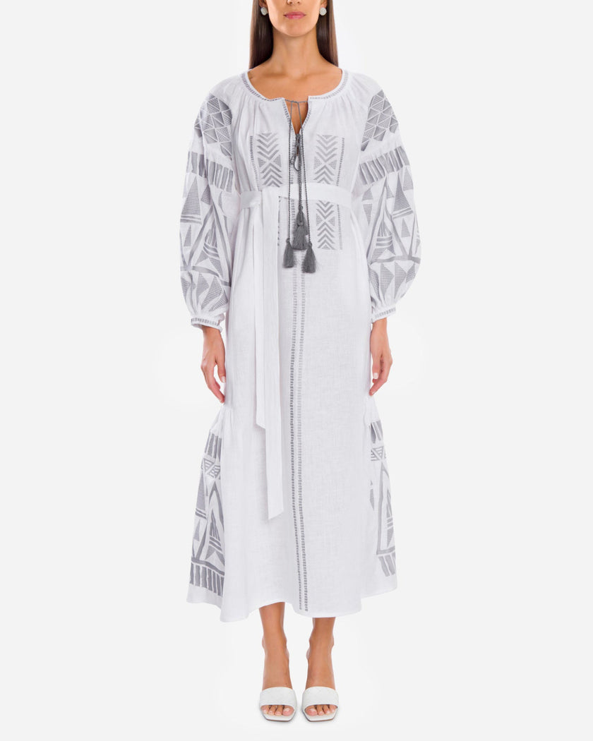 White Embroidered Linen Maxi Dress | ZALXNDRA