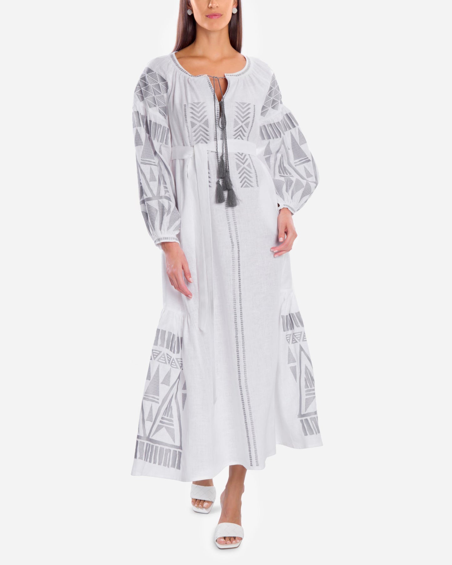 White Embroidered Linen Maxi Dress – Balloon Sleeves | ZALXNDRA