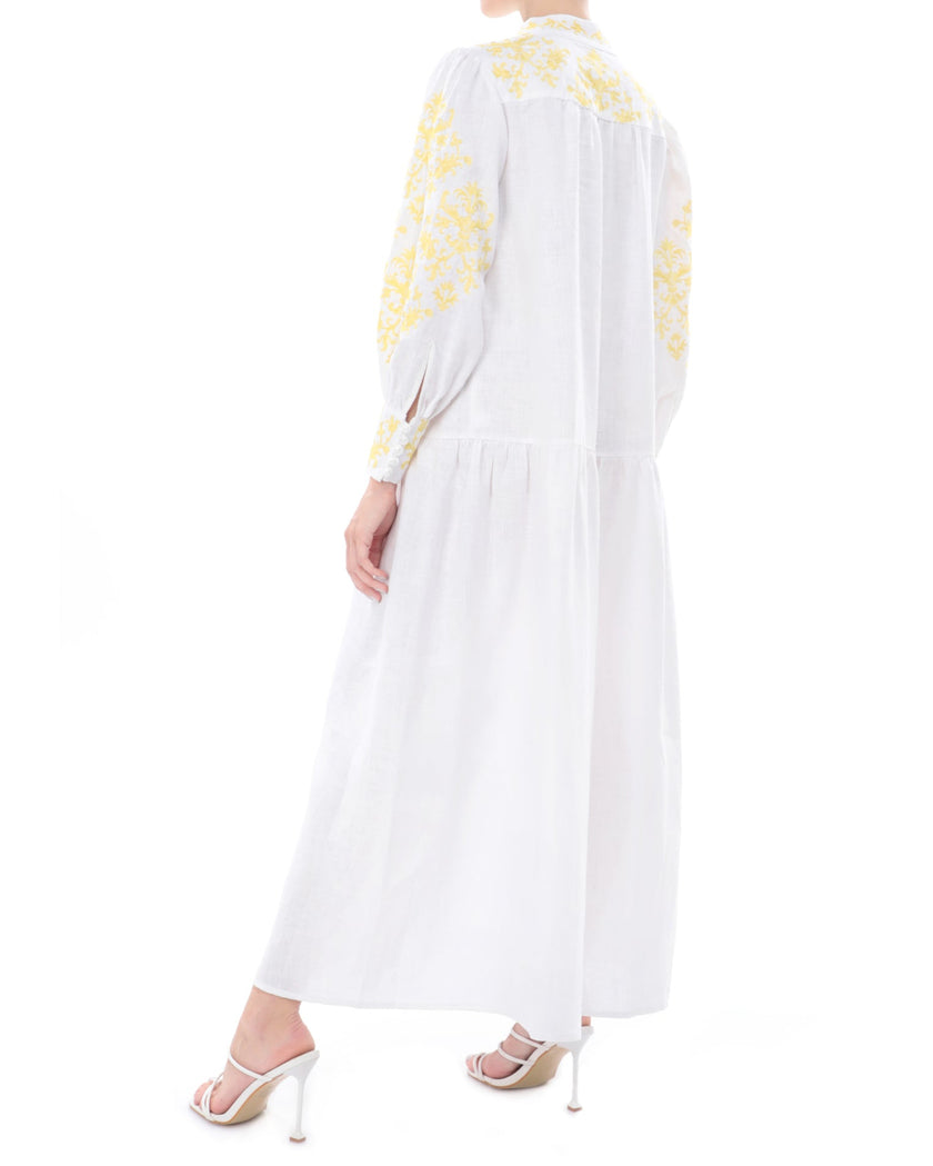 White and Yellow Damask Embroidered Linen Maxi Dress with Stand Collar