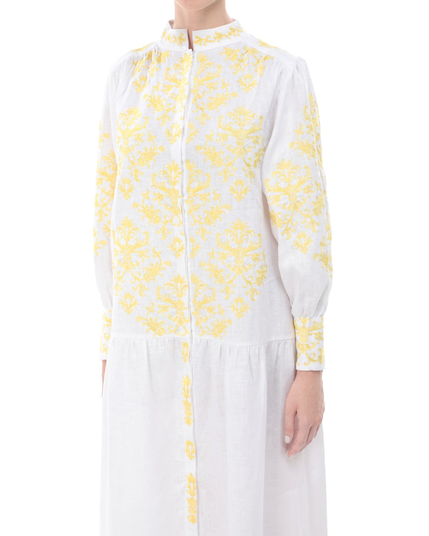 White and Yellow Damask Embroidered Linen Maxi Dress with Stand Collar