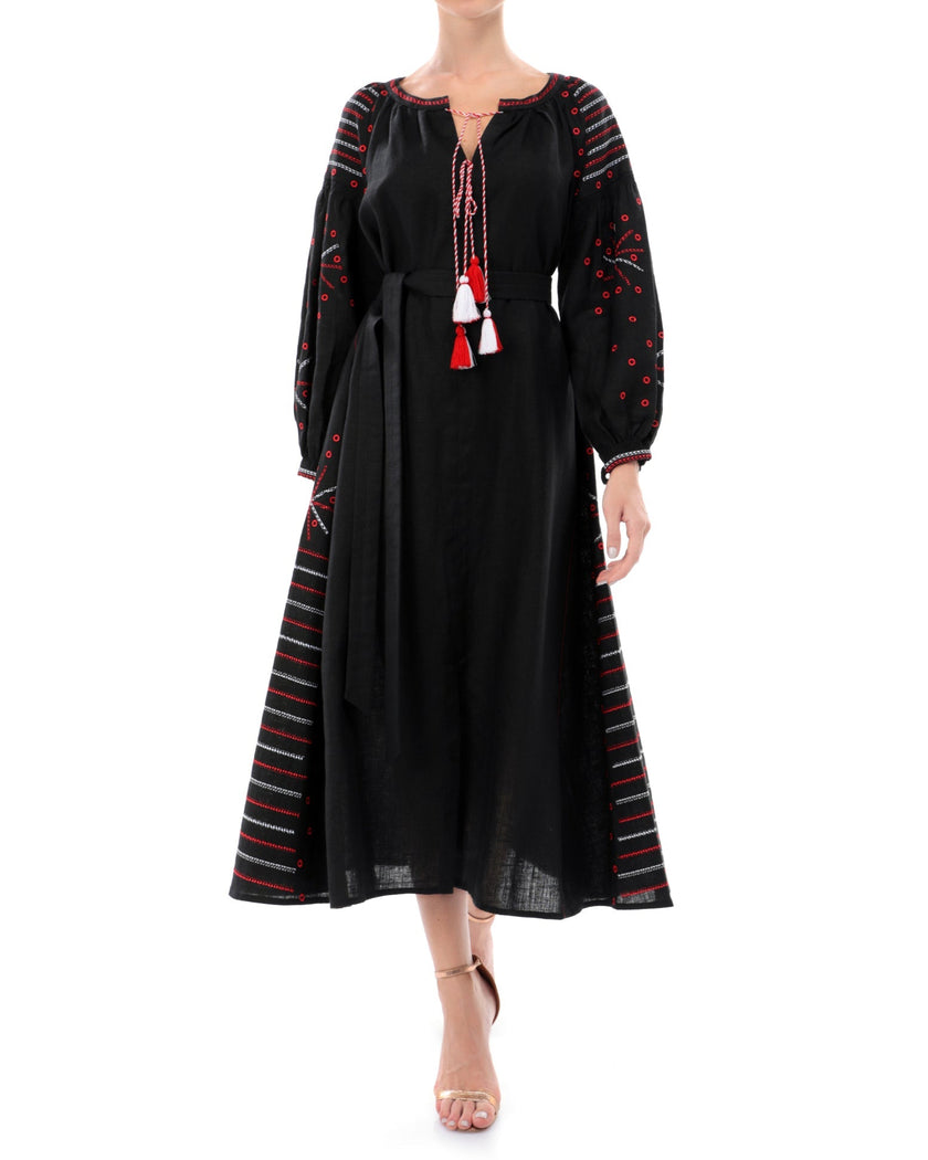 Black Embroidered Linen Maxi Dress – Balloon Sleeves | ZALXNDRA