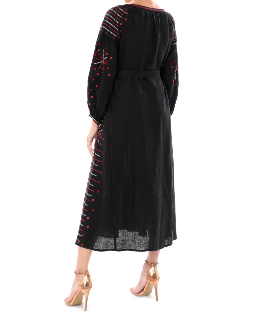 Black Embroidered Linen Maxi Dress – Balloon Sleeves | ZALXNDRA