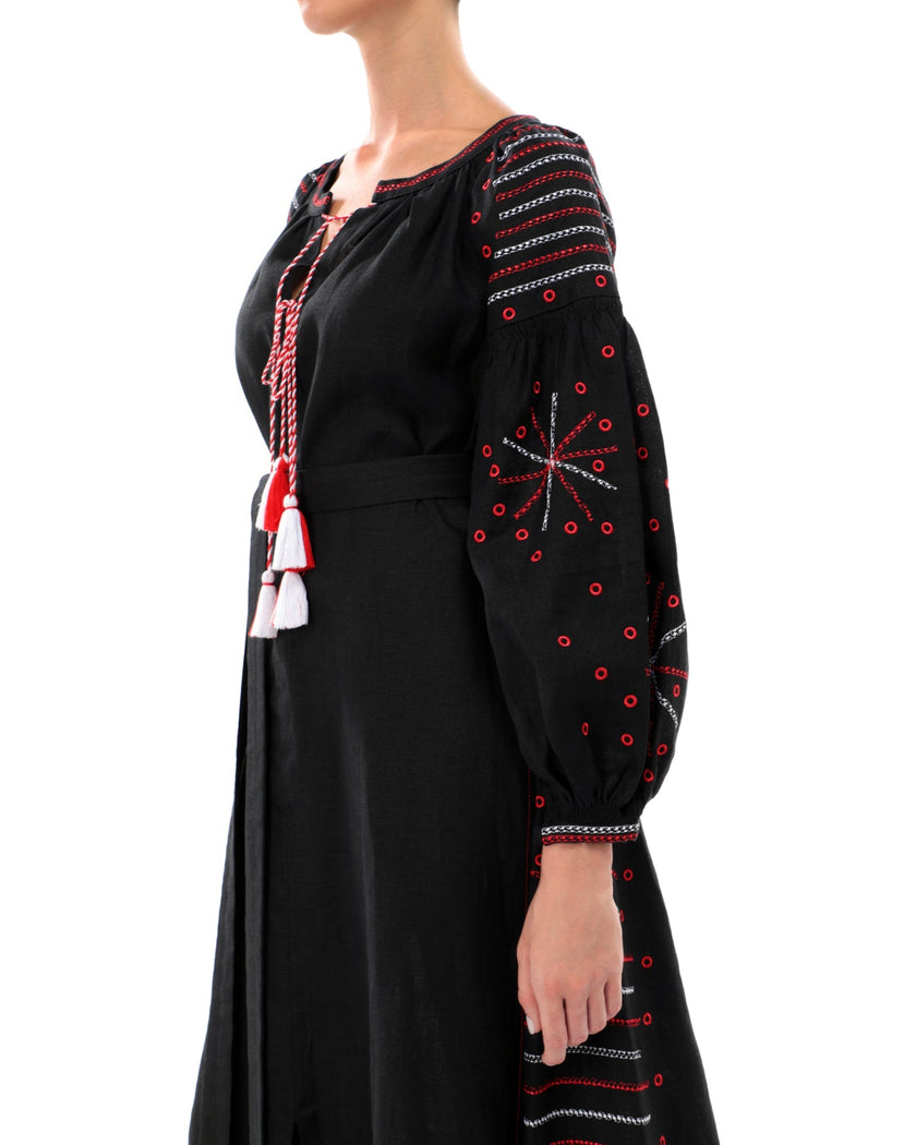 Black Embroidered Linen Maxi Dress – Balloon Sleeves | ZALXNDRA