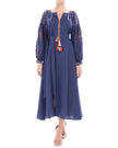 Rhapsody Blue Embroidered Linen Maxi Dress – Balloon Sleeves