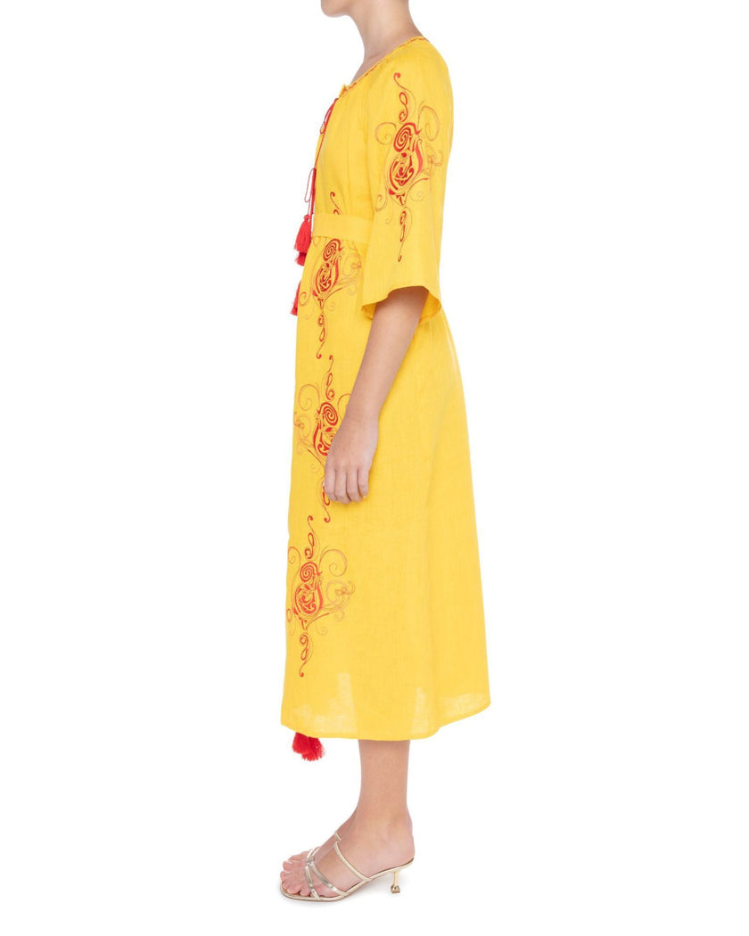 Saffron Yellow Embroidered Linen Maxi Dress | ZALXNDRA