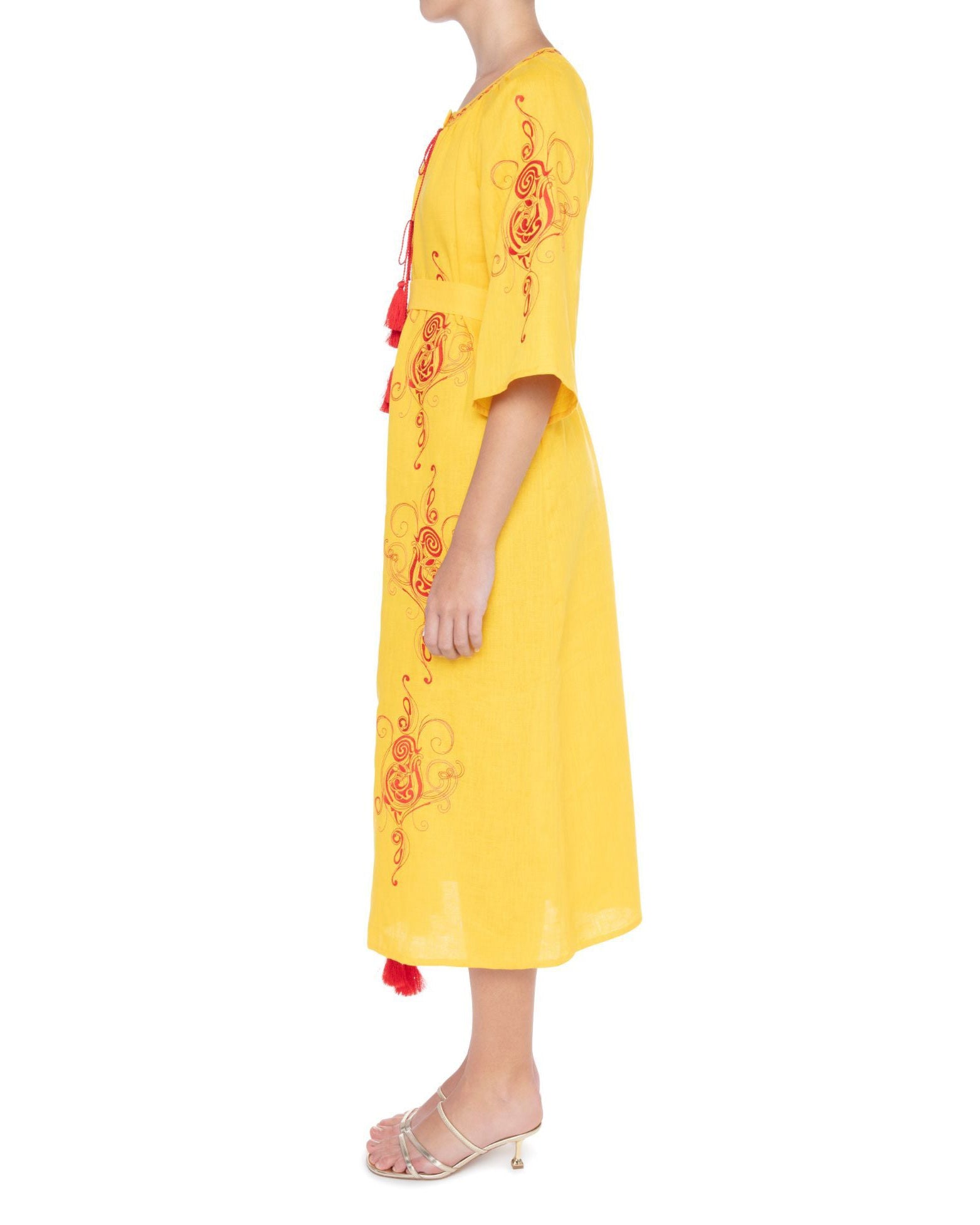 Saffron Yellow Embroidered Linen Maxi Dress | ZALXNDRA
