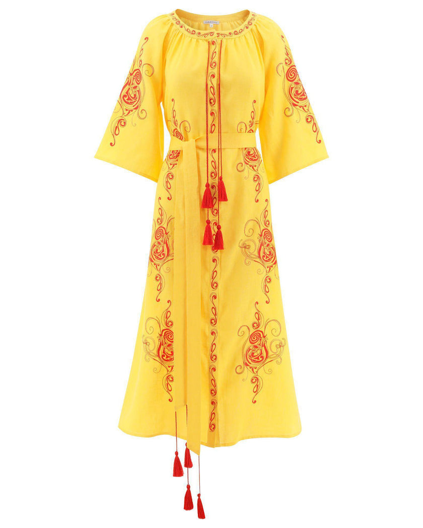 Saffron Yellow Embroidered Linen Maxi Dress | ZALXNDRA